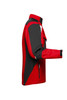 A softshell jacket featuring a red and black design, with a zippered front and reflective elements. It has a logo.