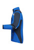 A blue and navy softshell jacket with a zip front, featuring a logo and a high collar.