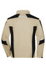 A softshell jacket in beige and black, featuring a collar and contrasting panels, with a logo on the back.