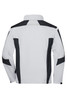 A softshell jacket featuring a grey body with black accents and a high collar. It has a logo on the back.