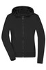 A ladies' hooded softshell jacket in black, featuring a full zipper and a hood, with side pockets and branding.