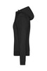 A black ladies hooded softshell jacket featuring a side view, with a zip and a logo on the fabric.