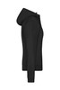 A black ladies hooded softshell jacket with a fitted design, featuring a zip and a hood. It includes a logo.