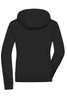 A black ladies hooded softshell jacket featuring a full back view and a hood, with a logo positioned on the design.