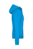 A bright blue ladies' hooded softshell jacket featuring a zip and long sleeves, with a logo on its side.