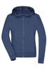 A navy blue ladies hooded softshell jacket with a zip front and side pockets, featuring a logo.