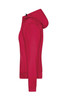 A side view of a ladies hooded softshell jacket in vibrant red, featuring a hood and front zip.