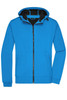 A men's hooded softshell jacket in vibrant blue, featuring a black interior and a zipper front.