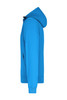 A hooded softshell jacket in vibrant blue, featuring a sleek side view and a minimalistic design.