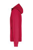 A red men's hooded softshell jacket featuring a full zip, side pockets, and a logo on the front.