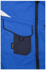A blue workwear softshell vest featuring a navy pocket and a logo, highlighting its durable design.
