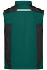 A green and black softshell work vest with a reflective stripe and no sleeves, featuring a logo.