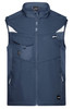 A softshell vest in navy blue with multiple pockets and reflective detailing, featuring a logo.