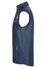A navy softshell vest featuring a zippered pocket and a logo, designed for workwear use.