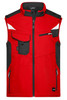 A red softshell work vest with black accents and multiple pockets. It features a zipper and a logo.