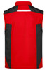 A red work vest with black panels and a reflective strip at the back, featuring a logo on one side.