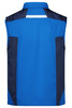 A blue workwear softshell vest featuring navy accents and a logo on the back.