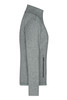 A grey ladies softshell jacket featuring a zippered pocket and a high collar. It has a subtle logo on the front.