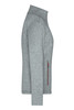 A grey softshell jacket featuring a zip pocket and a high collar, with a branding logo on the side.