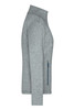 A grey softshell jacket featuring a zip pocket and a high collar. It has branding on the design.