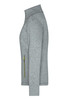 A grey ladies softshell jacket featuring a zip pocket and a high collar, with a logo on the design.