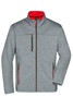 A men's softshell jacket in grey with red accents, featuring zippered pockets and a stand-up collar.