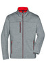 A grey softshell jacket with a red collar, featuring zippered pockets and a central zip. It includes a logo.