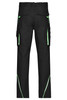 Black workwear pants with green detailing and multiple pockets, featuring a logo on the back.