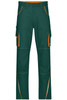 Green workwear pants with orange accents and multiple pockets, designed for durability and practicality.