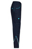 Workwear Pants in navy blue with turquoise detailing. Features cargo pockets and reinforced stitching. Branding present.