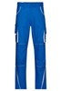 Bright blue workwear pants featuring multiple pockets and contrasting stitching details. Includes logo branding.