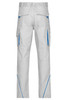 Workwear pants in white with blue accents, featuring multiple pockets and a back view.
