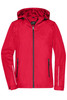 A red ladies 3-in-1 jacket featuring a hood and zippered pockets, with a logo on the chest.