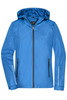 A blue 3-in-1 ladies' jacket with a hood, featuring zippered pockets and a branded logo.