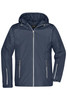A men's three-in-one jacket in navy blue with a hood, featuring two zippered pockets and reflective accents.