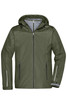 A men's 3-in-1 jacket in olive green featuring a hood and zippered pockets, with a logo on the chest.