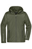A men's 3-in-1 jacket in olive green with a hood and multiple zippered pockets, featuring a logo.