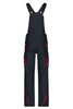 Workwear pants with bib in black featuring red accents and multiple pockets. Includes adjustable straps and a logo.