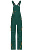 Workwear pants with bib in dark green and orange accents, featuring multiple pockets and adjustable straps.