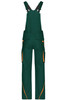 Workwear pants with bib in dark green featuring orange accents and multiple pockets. Includes adjustable straps and a logo.