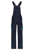 Workwear pants with bib in navy blue featuring teal accents and multiple utility pockets. Includes a logo.