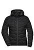 A black padded jacket with a hood and quilted pattern, featuring a front zip and one chest pocket.