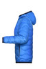 A blue padded jacket with a hood, featuring a side view and a branded logo.