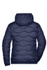 A navy ladies padded jacket featuring a puffer design and a hood, viewed from the back. It has a logo on it.