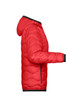 A red ladies padded jacket with a hood, featuring a quilted design and black trim along the edges.