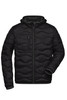 A black padded jacket with a hood, featuring a zip front and a chest pocket. Includes a logo on the fabric.