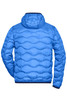 A men's padded puffer jacket in bright blue with a hood and quilted design on the back. Features a logo.