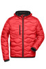 A red padded jacket with a hood and zipper details, featuring a logo and a quilted texture.