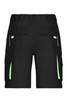 Black work shorts featuring multiple pockets and bright green accents. The back view showcases a utility design and logo.