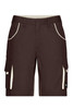 Brown work shorts with contrast white piping and multiple pockets, featuring a logo on the side.